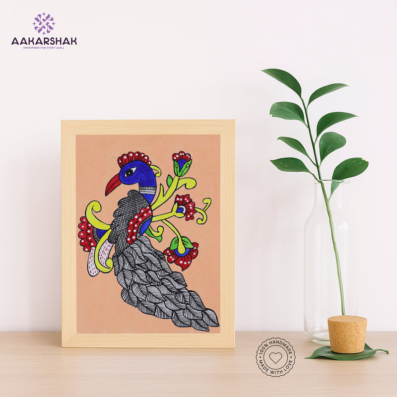 Handmade kalamkari peacock painting-with tabletop stand for home decor