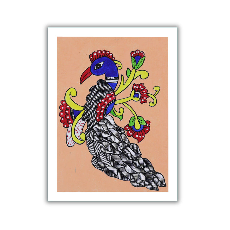 handmade kalamkari painting peacock-in vibrant traditional folk art style