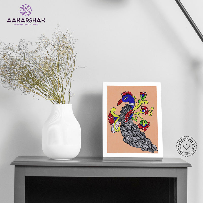 Handmade kalamkari peacock painting-with tabletop stand for home decor