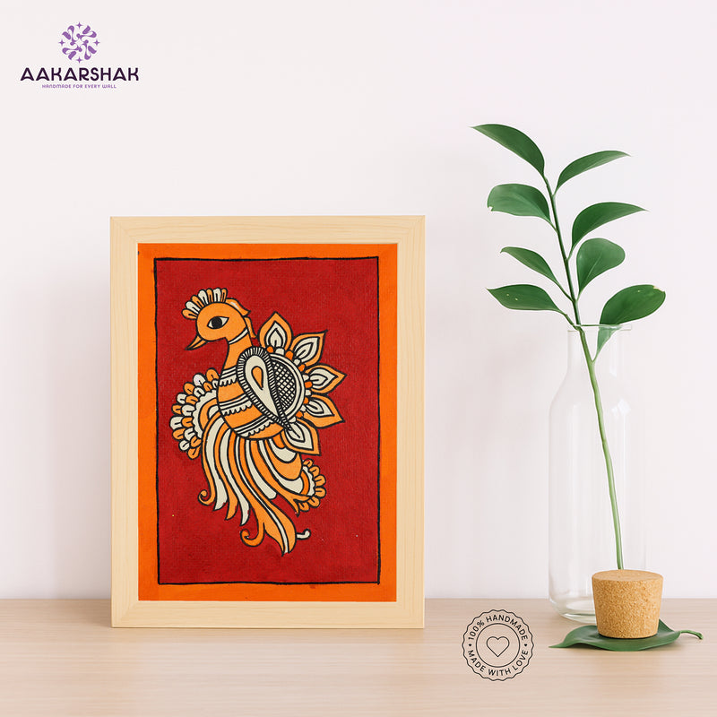Handmade kalamkari peacock painting-with tabletop stand for home decor