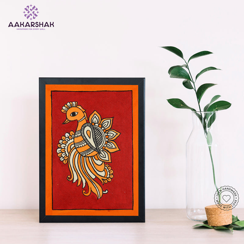 Handmade kalamkari peacock painting-with tabletop stand for home decor