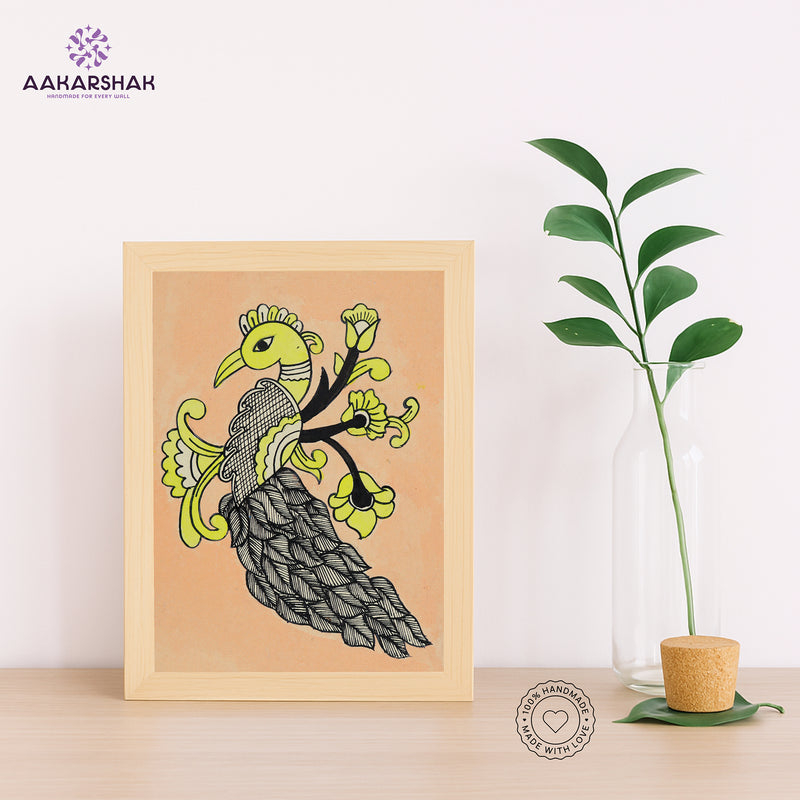 Handmade kalamkari peacock painting-with tabletop stand for home decor
