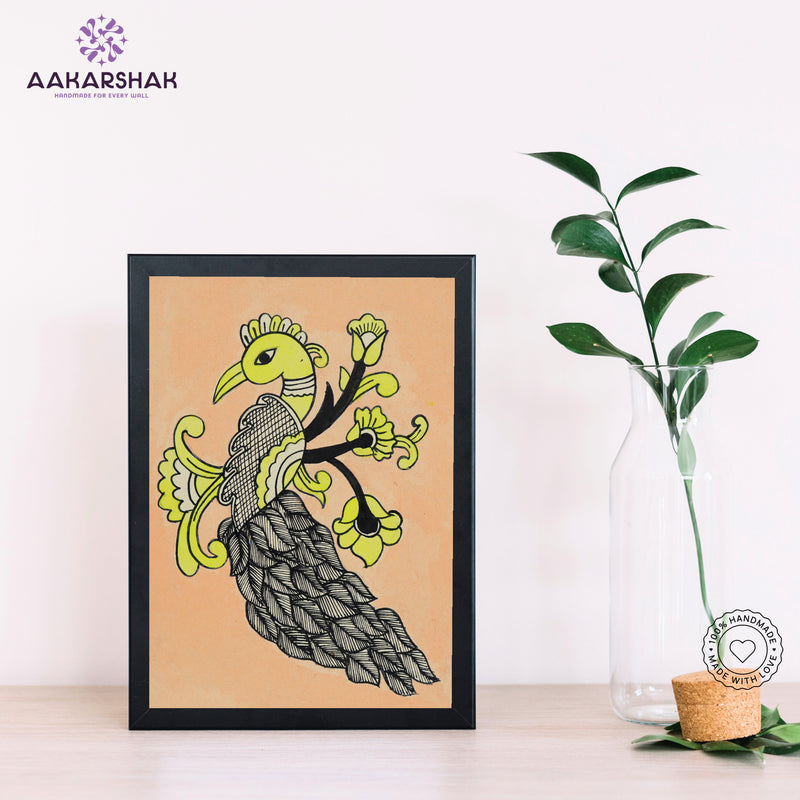 Handmade kalamkari peacock painting-with tabletop stand for home decor