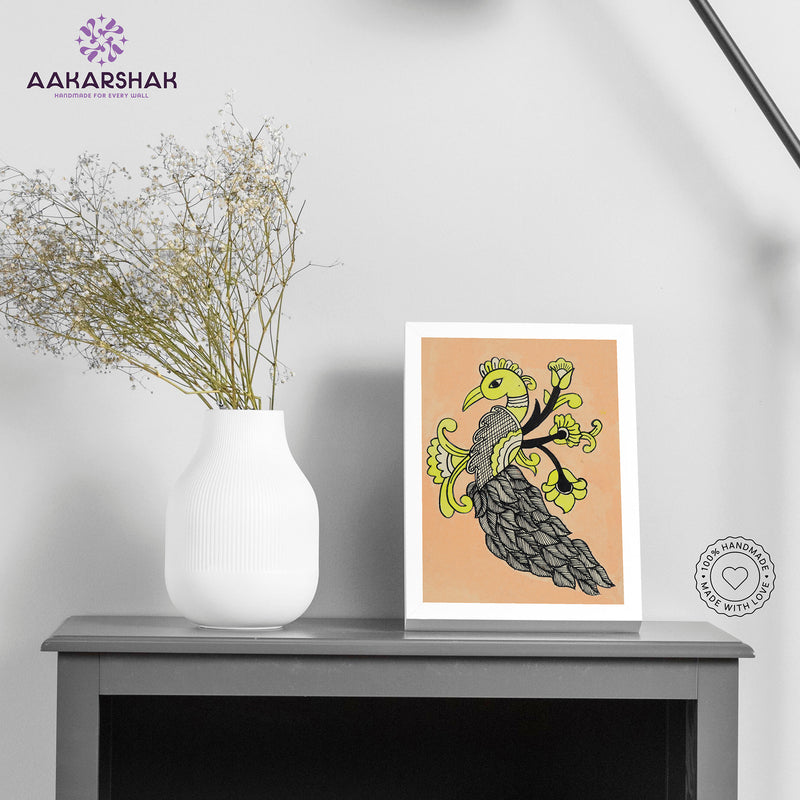 Handmade kalamkari peacock painting-with tabletop stand for home decor