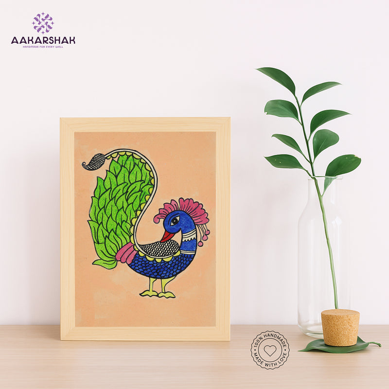 Handmade kalamkari peacock painting-with tabletop stand for home decor