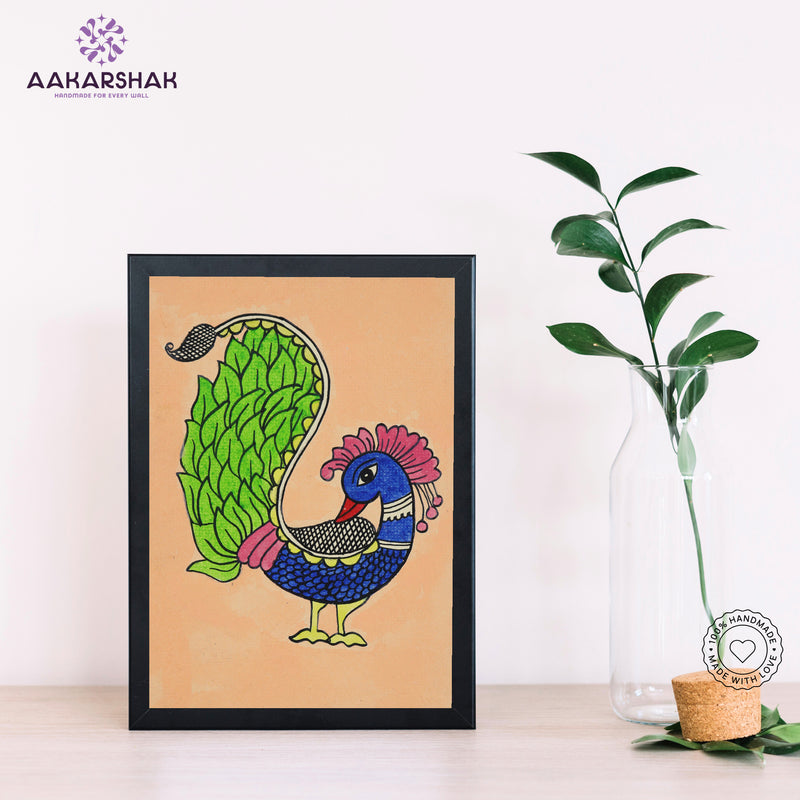 Handmade kalamkari peacock painting-with tabletop stand for home decor