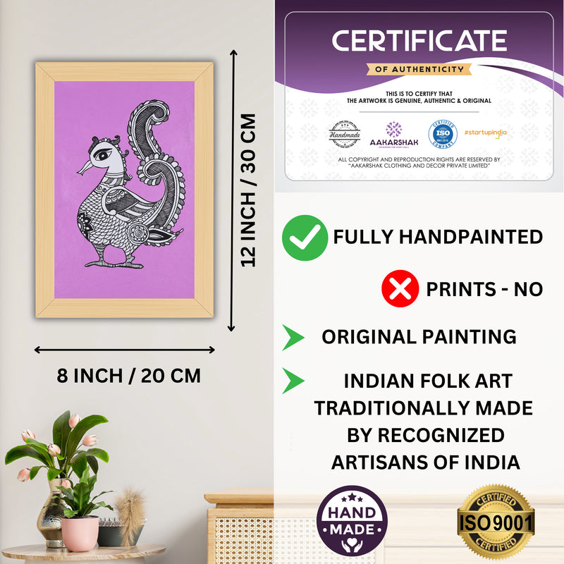Framed artwork with dimensions, authenticity certificate-handmade iso certified-peacock kalamkari painting