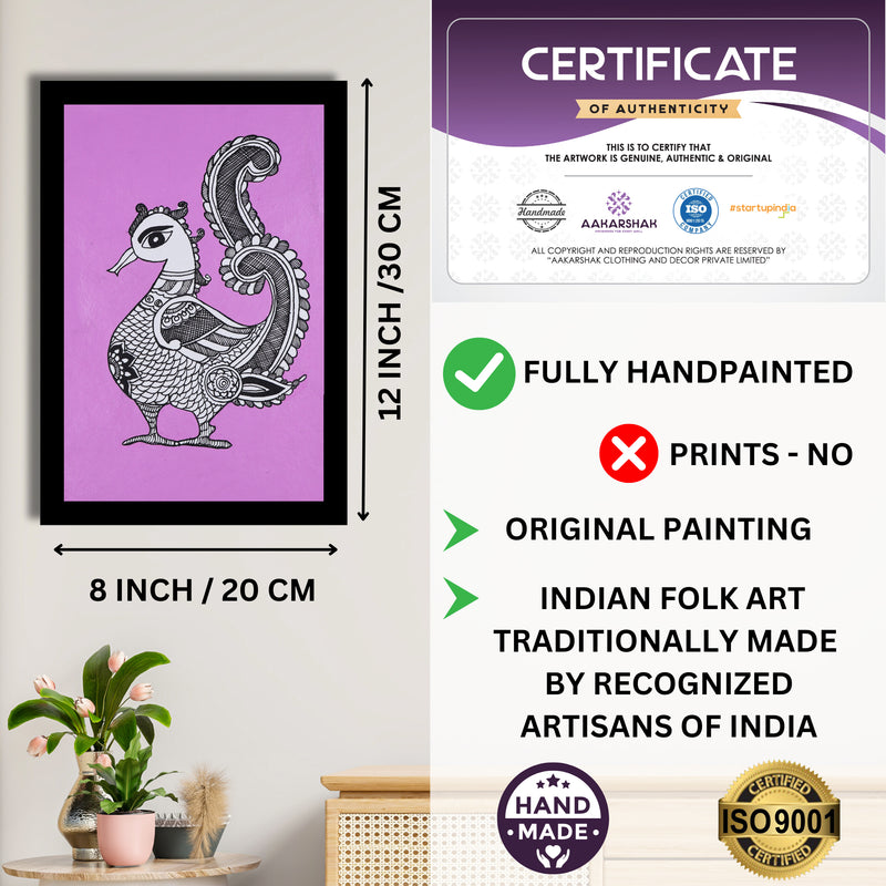 Framed artwork with dimensions, authenticity certificate-handmade iso certified-peacock kalamkari painting