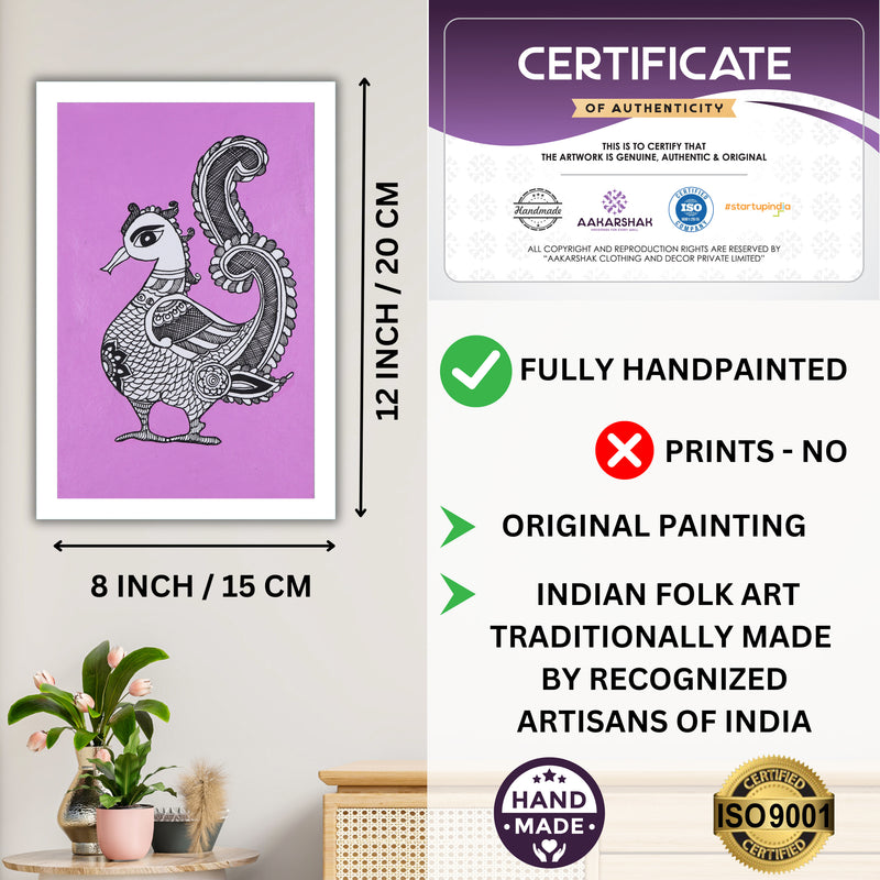 Framed artwork with dimensions, authenticity certificate-handmade iso certified-peacock kalamkari painting