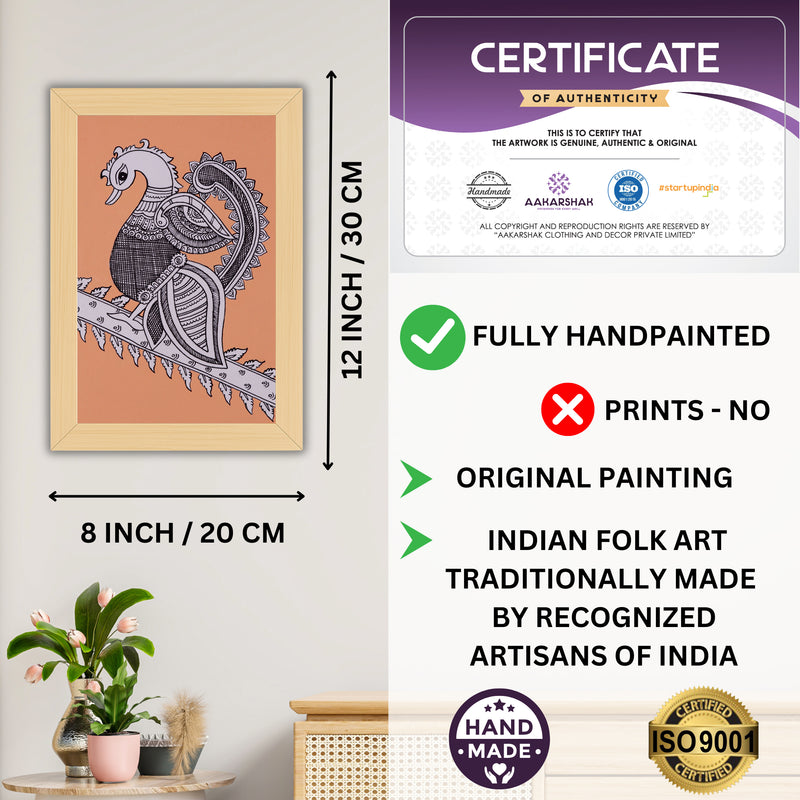 Framed artwork with dimensions, authenticity certificate-handmade iso certified-peacock kalamkari painting