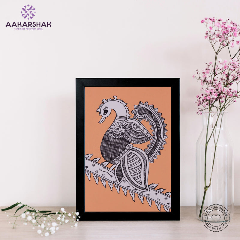 handmade kalamkari peacock painting-with tabletop stand for home decor