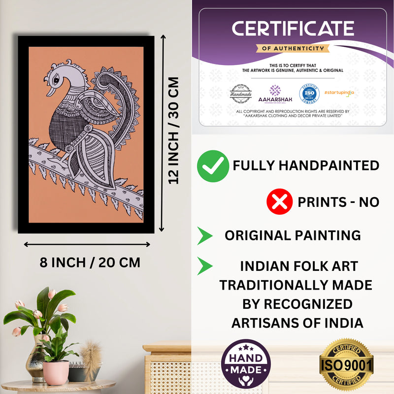 Framed artwork with dimensions, authenticity certificate-handmade iso certified-peacock kalamkari painting