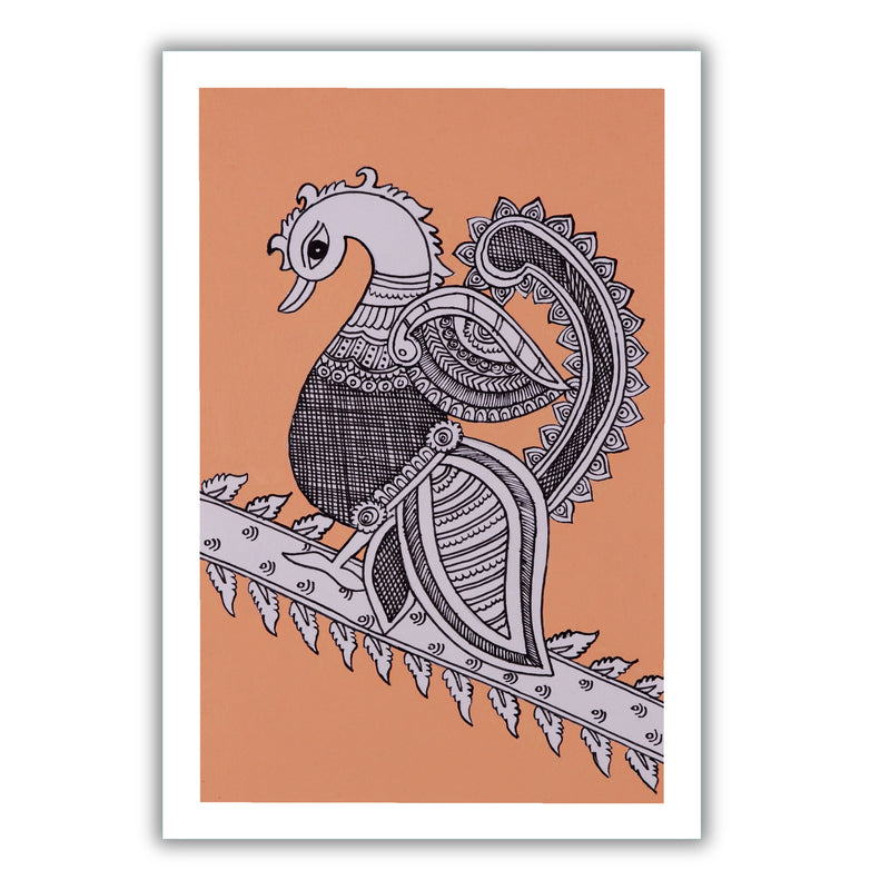 handmade kalamkari painting peacock-in vibrant traditional folk art style