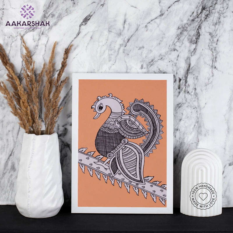 handmade kalamkari peacock painting-with tabletop stand for home decor