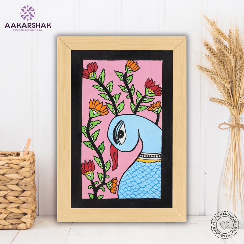 handmade kalamkari peacock painting-with tabletop stand for home decor