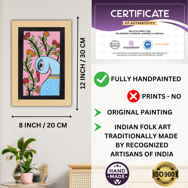 Framed artwork with dimensions, authenticity certificate-handmade iso certified-peacock kalamkari painting