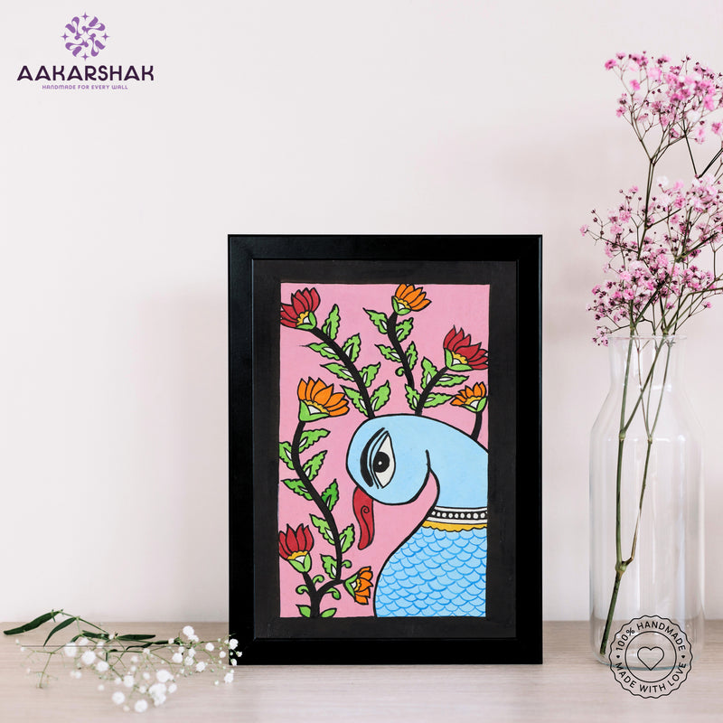 handmade kalamkari peacock painting-with tabletop stand for home decor