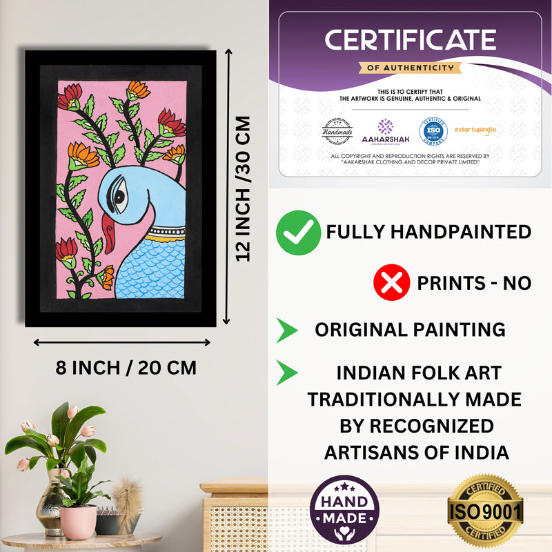 Framed artwork with dimensions, authenticity certificate-handmade iso certified-peacock kalamkari painting