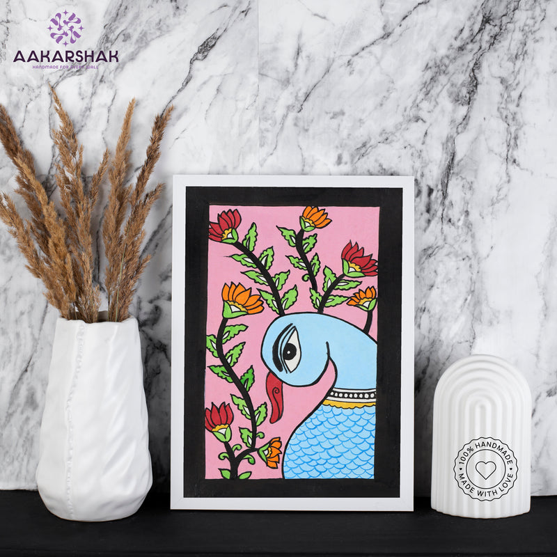 handmade kalamkari peacock painting-with tabletop stand for home decor