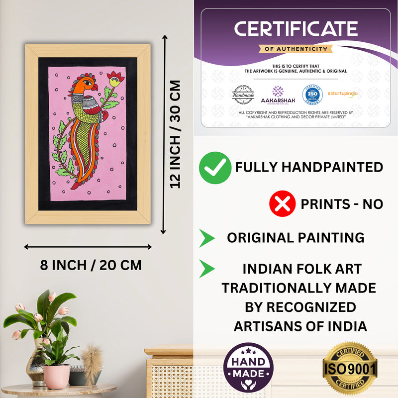 Framed artwork with dimensions, authenticity certificate-handmade iso certified-peacock kalamkari painting