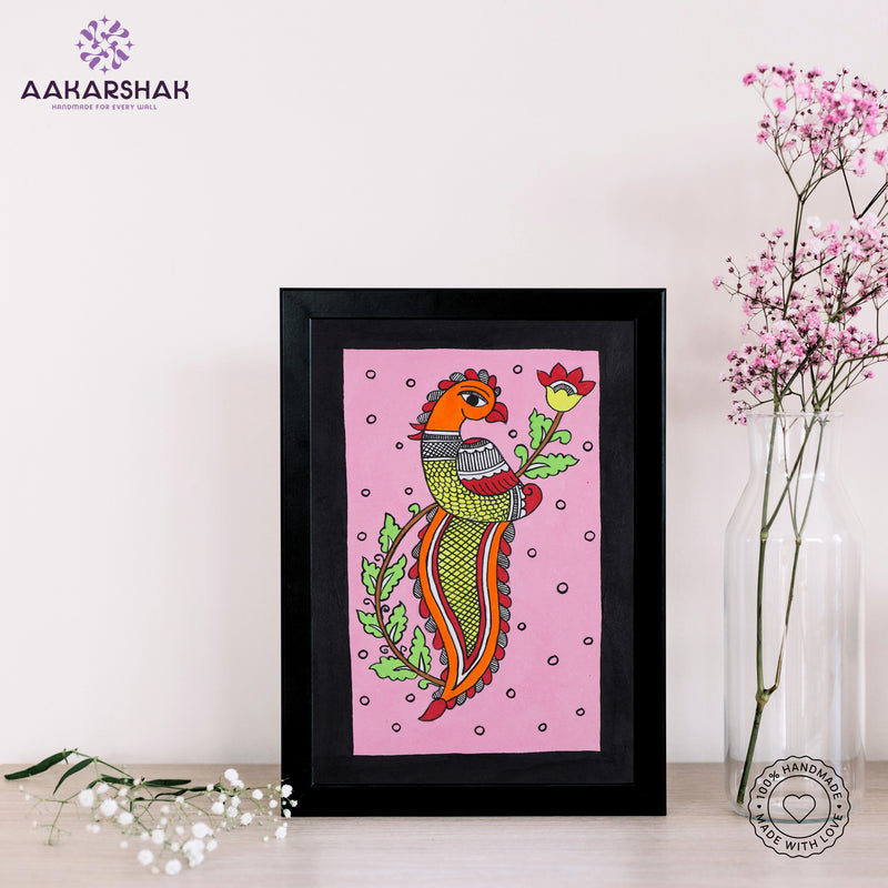 handmade kalamkari peacock painting-with tabletop stand for home decor