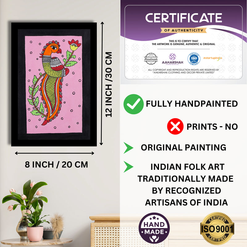 Framed artwork with dimensions, authenticity certificate-handmade iso certified-peacock kalamkari painting