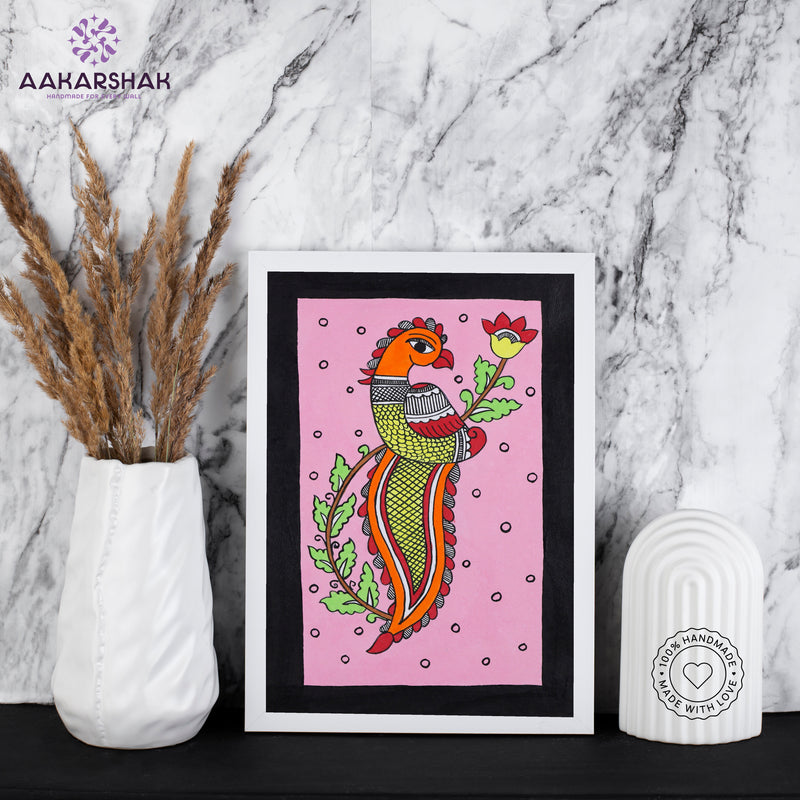 handmade kalamkari peacock painting-with tabletop stand for home decor