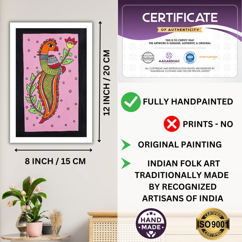 Framed artwork with dimensions, authenticity certificate-handmade iso certified-peacock kalamkari painting