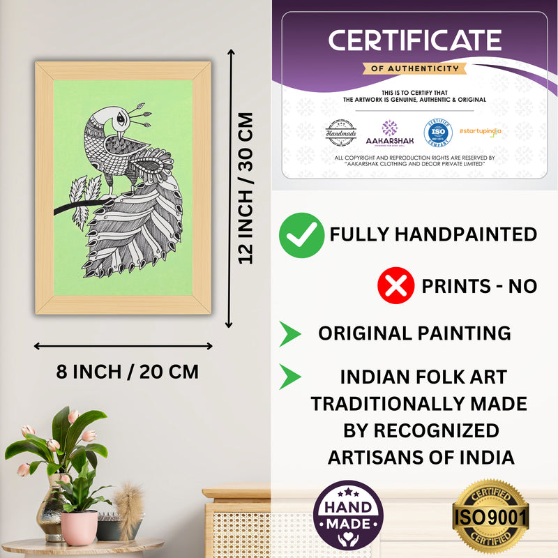 Framed artwork with dimensions, authenticity certificate-handmade iso certified-peacock kalamkari painting
