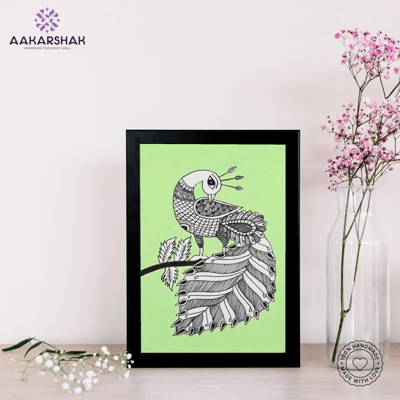 handmade kalamkari peacock painting-with tabletop stand for home decor