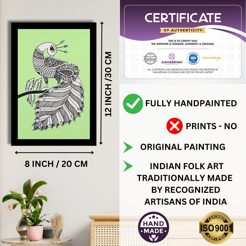 Framed artwork with dimensions, authenticity certificate-handmade iso certified-peacock kalamkari painting
