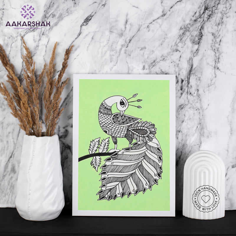 handmade kalamkari peacock painting-with tabletop stand for home decor
