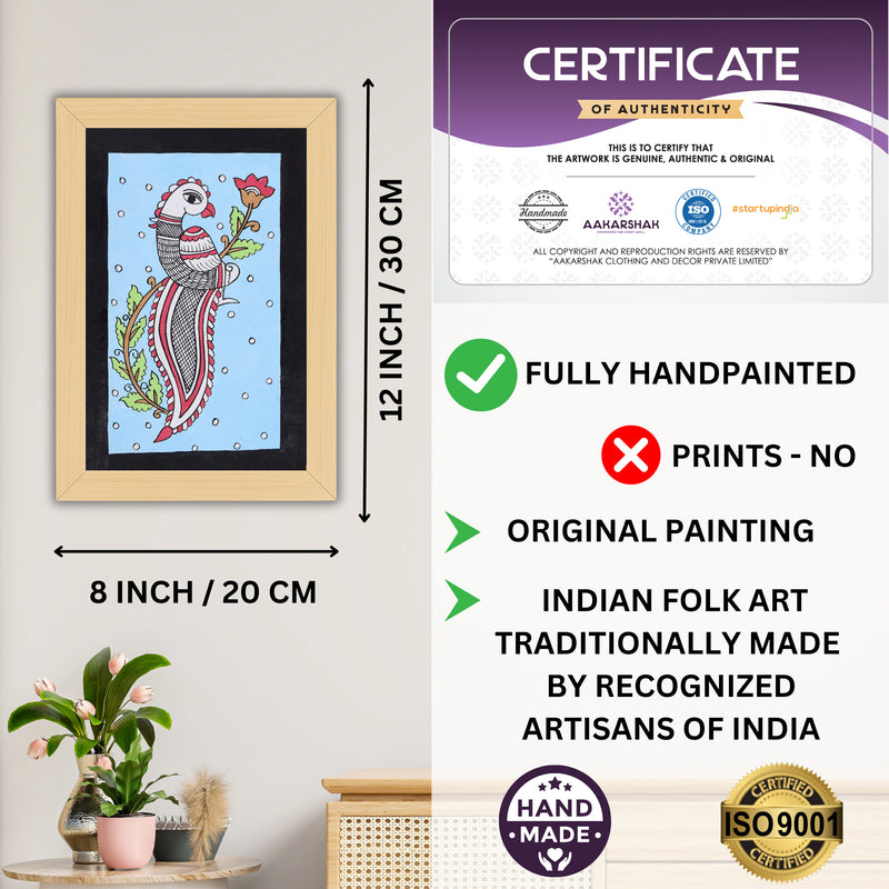 Framed artwork with dimensions, authenticity certificate-handmade iso certified-peacock kalamkari painting