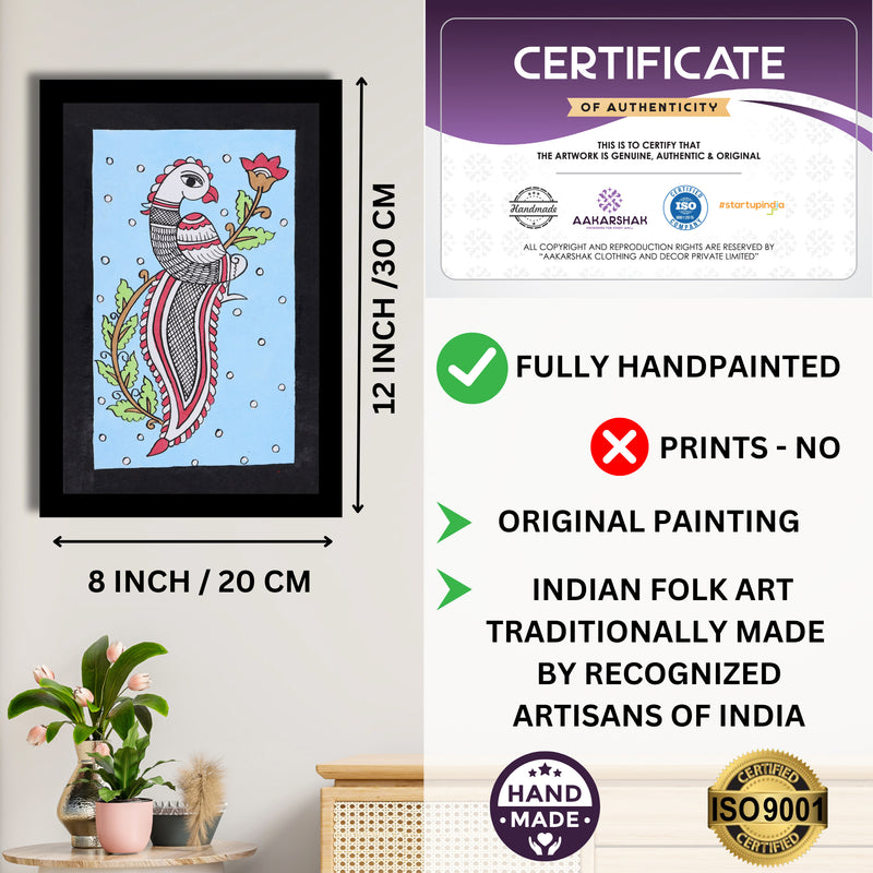 Framed artwork with dimensions, authenticity certificate-handmade iso certified-peacock kalamkari painting
