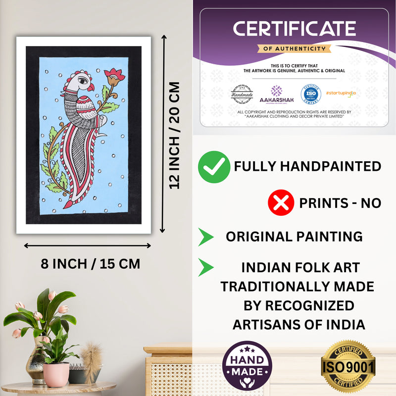 Framed artwork with dimensions, authenticity certificate-handmade iso certified-peacock kalamkari painting