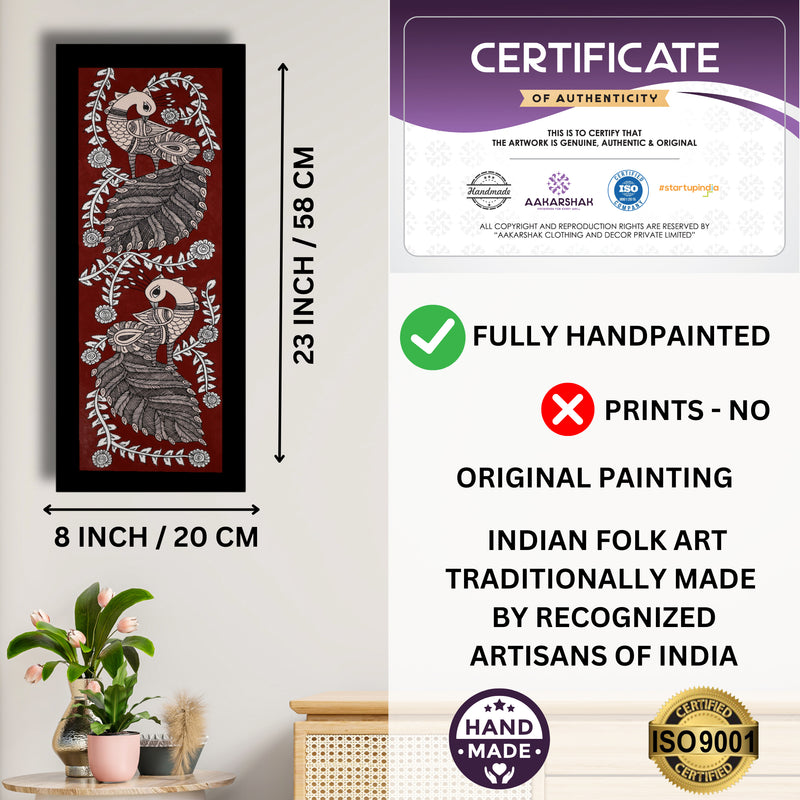 Framed artwork with dimensions, authenticity certificate and handmade iso certified-peacock kalamkari painting