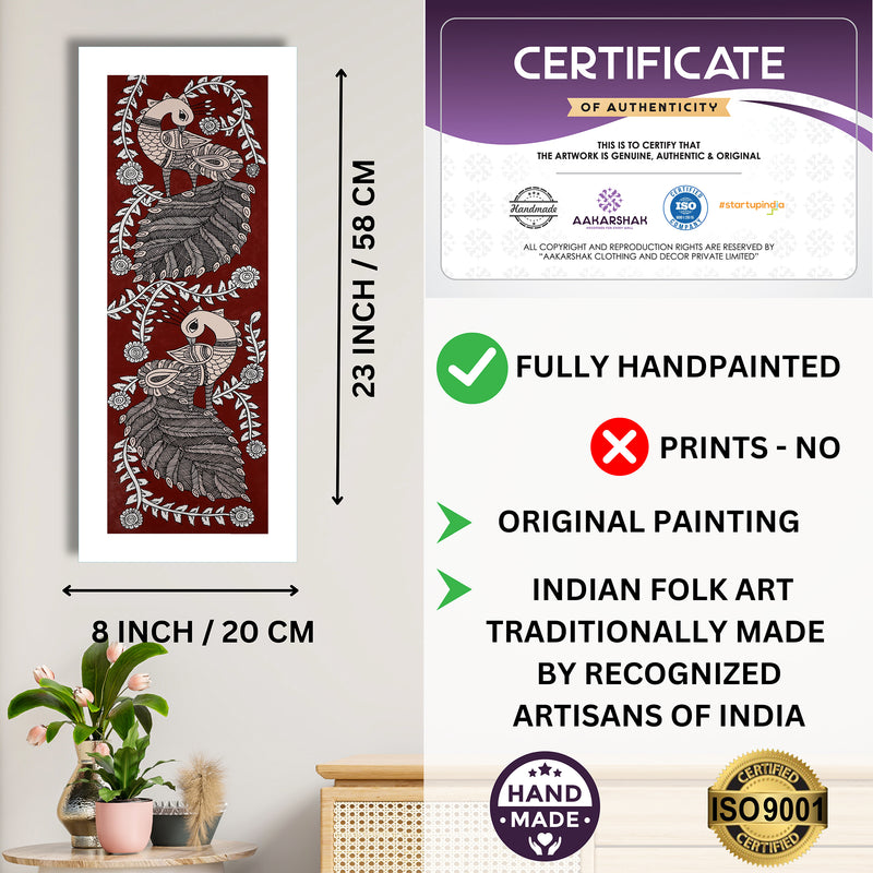 Framed artwork with dimensions, authenticity certificate and handmade iso certified-peacock kalamkari painting