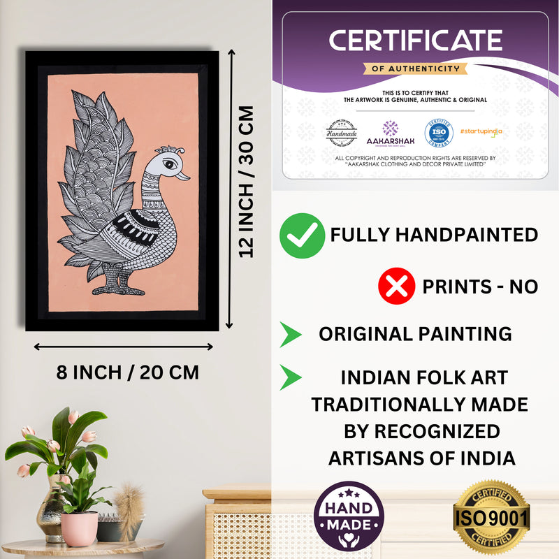 Framed artwork with dimensions, authenticity certificate-handmade iso certified-peacock kalamkari painting