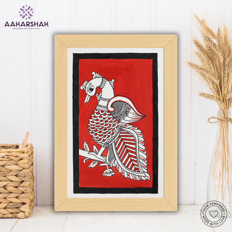 handmade kalamkari peacock painting-with tabletop stand for home decor