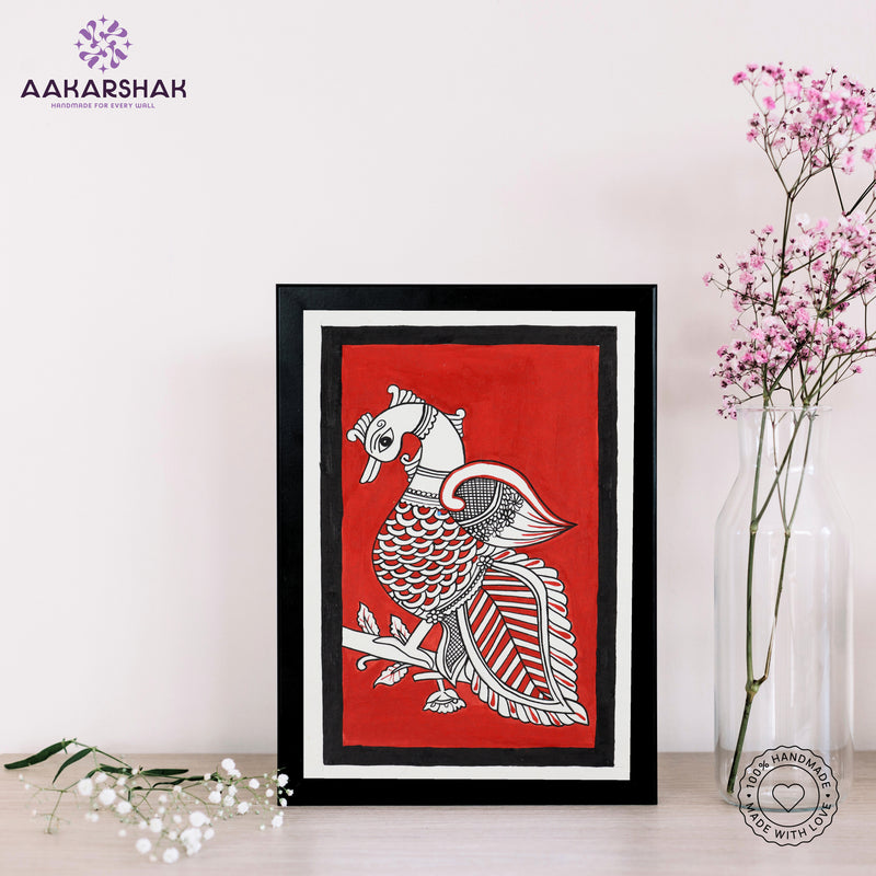 handmade kalamkari peacock painting-with tabletop stand for home decor