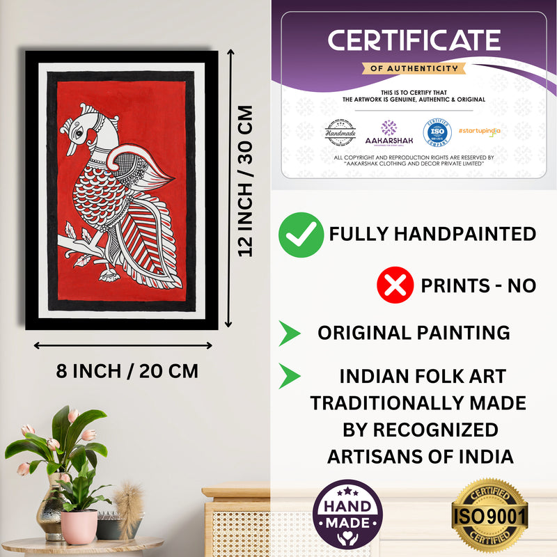 Framed artwork with dimensions, authenticity certificate-handmade iso certified-peacock kalamkari painting
