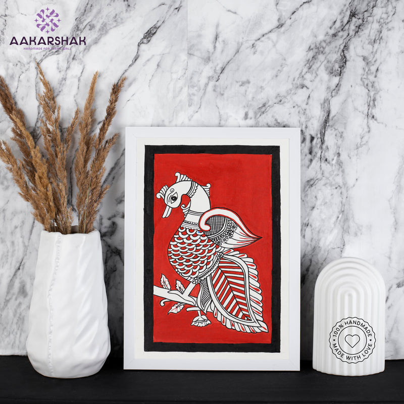 handmade kalamkari peacock painting-with tabletop stand for home decor