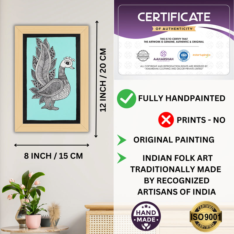 Framed artwork with dimensions, authenticity certificate-handmade iso certified-peacock kalamkari painting