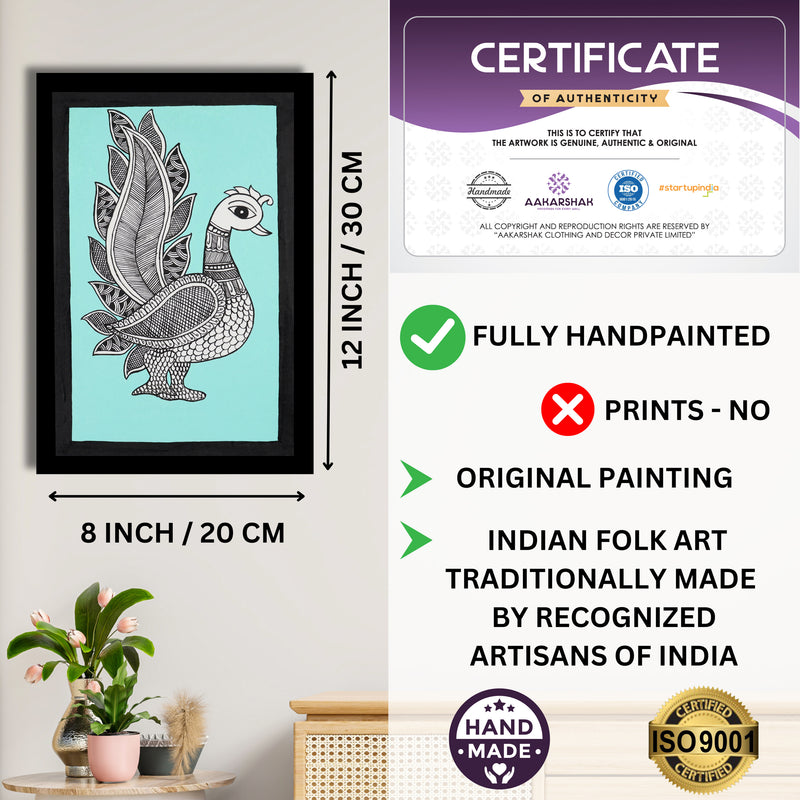 Framed artwork with dimensions, authenticity certificate-handmade iso certified-peacock kalamkari painting