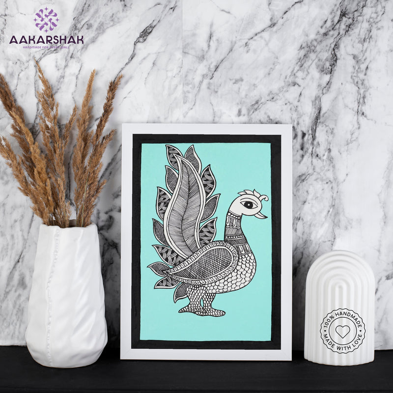 handmade kalamkari peacock painting-with tabletop stand for home decor