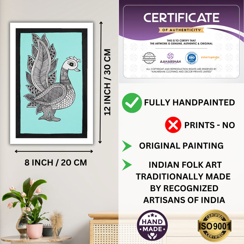Framed artwork with dimensions, authenticity certificate-handmade iso certified-peacock kalamkari painting
