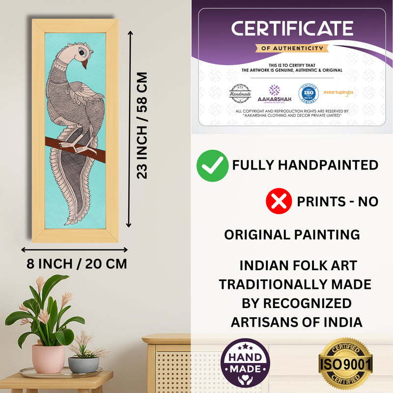 Framed artwork with dimensions, authenticity certificate and handmade iso certified-peacock kalamkari painting