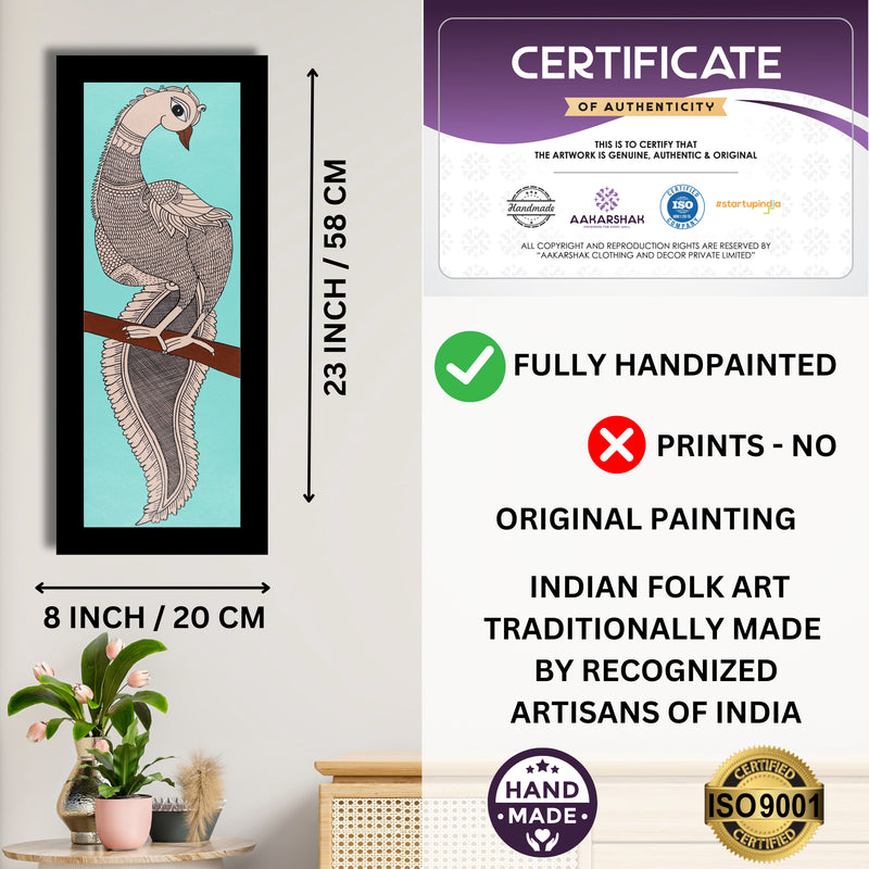 Handmade Kalamkari Peacock Painting Framed 8x23 Inch Wall Art