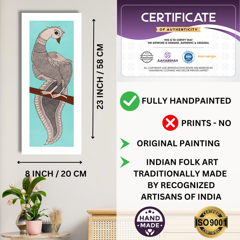 Framed artwork with dimensions, authenticity certificate and handmade iso certified-peacock kalamkari painting