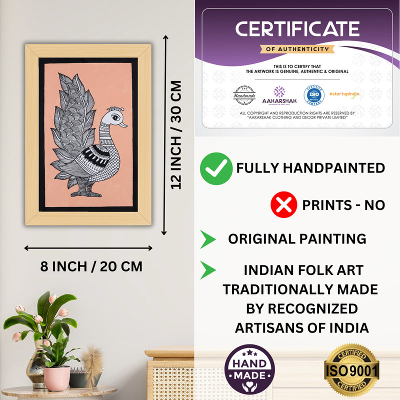 Framed artwork with dimensions, authenticity certificate-handmade iso certified-peacock kalamkari painting